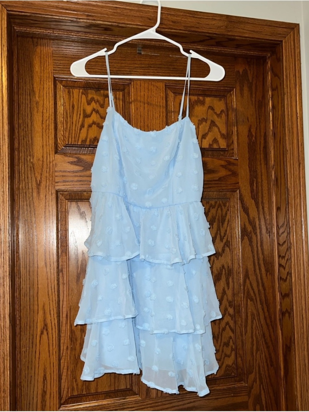 Tiffany Blue Tiered Ruffle Spaghetti Strap Dress Polka Dot M but fit Small $56